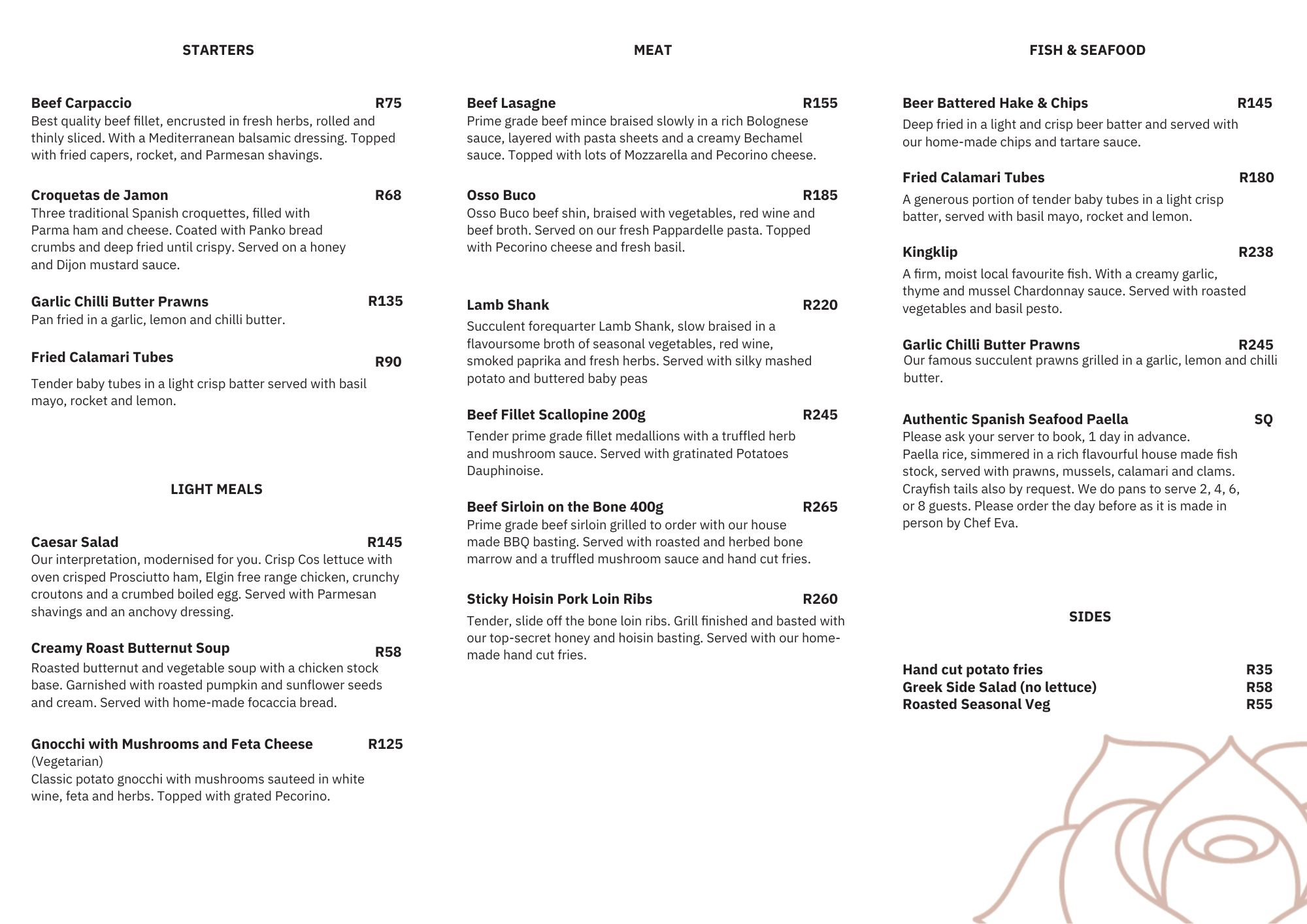 Published Abbey Rose menu, first page