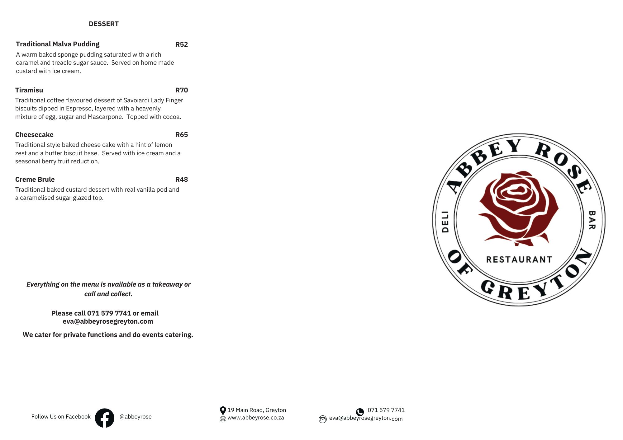 Published Abbey Rose menu, second page with paella and contact details